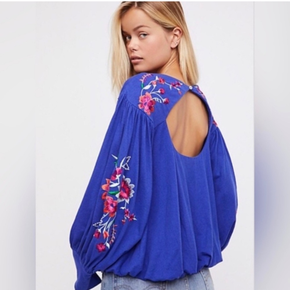 Free People Lita Keyhole Floral Embroidered Balloon Sleeve Blouse Size M